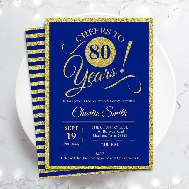 80th Birthday Party - ANY AGE Royal Blue Gold Invitation (Creator Uploaded)