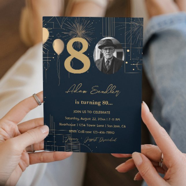 80th birthday party balloons and fireworks  invitation (Creator Uploaded)