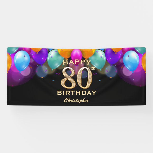 80th Birthday Party Black and Gold Balloons Banner (Horizontal)