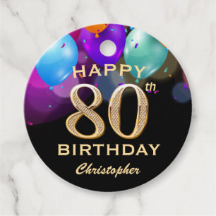 80th Birthday Party Black and Gold Balloons Favour Tags