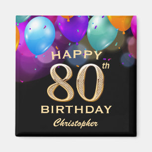 80th Birthday Party Black and Gold Balloons Magnet