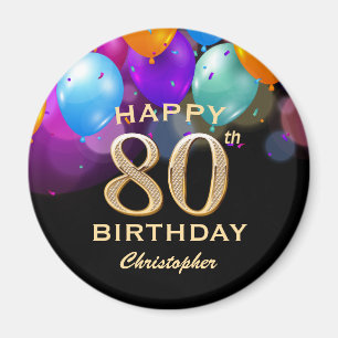 80th Birthday Party Black and Gold Balloons Magnet