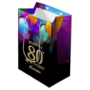 80th Birthday Party Black and Gold Balloons Medium Gift Bag