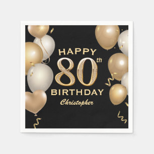 80th Birthday Party Black and Gold Balloons Napkin