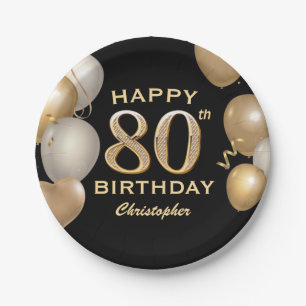 80th Birthday Party Black and Gold Balloons Paper Plate