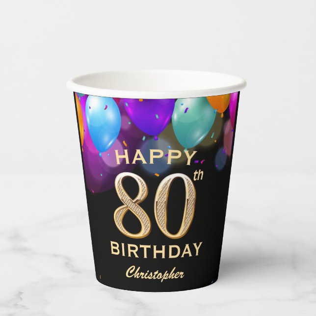 80th Birthday Party Black and Gold Confetti Paper Cups (Front)