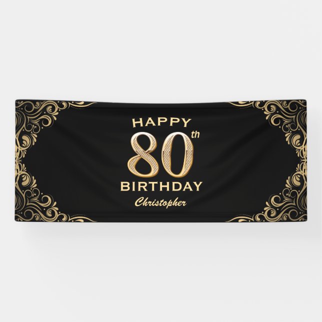 80th Birthday Party Black and Gold Glitter Frame Banner (Horizontal)