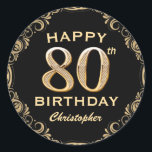 80th Birthday Party Black and Gold Glitter Frame Classic Round Sticker<br><div class="desc">80th Birthday Party Black and Gold Glitter Frame Sticker. For further customisation,  please click the "Customise it" button and use our design tool to modify this template.</div>