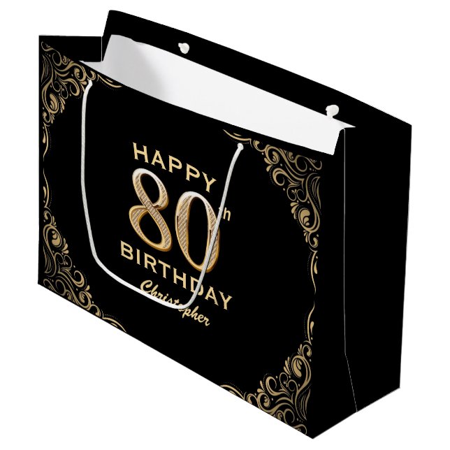 80th Birthday Party Black and Gold Glitter Frame Large Gift Bag (Front Angled)