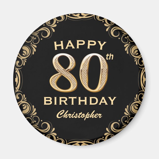 80th Birthday Party Black and Gold Glitter Frame Magnet (Front)