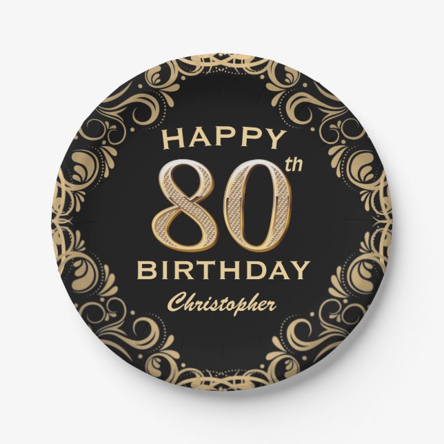 80th Birthday Party Black and Gold Glitter Frame Paper Plate (Front)
