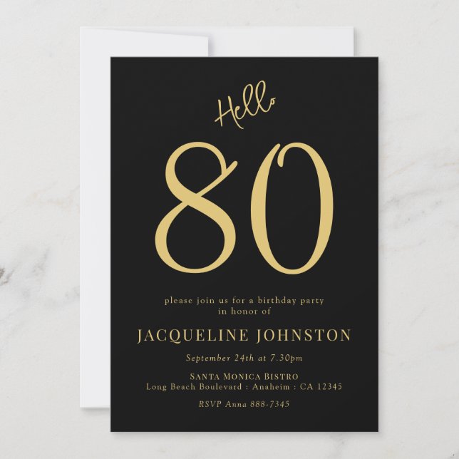 80th Birthday Party Black And Gold Invitation (Front)