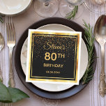 80th birthday party black gold confetti napkin<br><div class="desc">A napkin for an elegant black and gold themed 80th birthday party. Templates for a name, age and date of the party. Golden coloured letters. Black background colour and a faux gold frame. With golden confetti rain, shower. The background is transparent so you can change the colour to match your...</div>