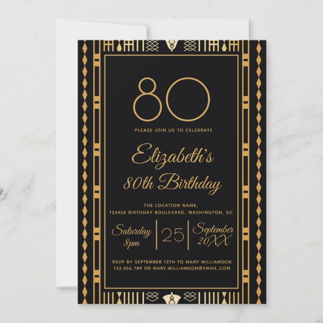 80th Birthday Party Black Gold Elegant Customise Invitation (Front)
