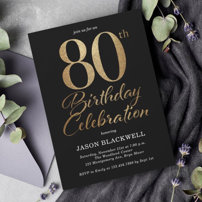 80th Birthday Party Black & Gold Invitation (Creator Uploaded)
