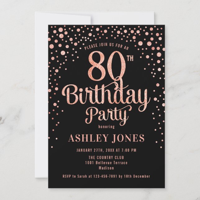 80th Birthday Party - Black & Rose Gold Invitation (Front)