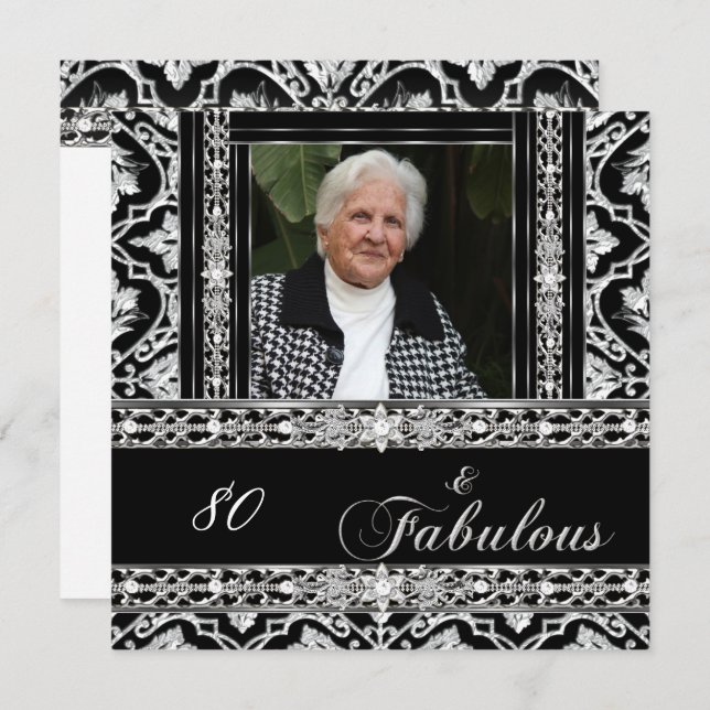 80th Birthday Party Black White Damask Diamond Invitation (Front/Back)