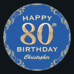 80th Birthday Party Blue and Gold Glitter Frame Classic Round Sticker<br><div class="desc">80th Birthday Party Blue and Gold Glitter Frame Sticker. For further customisation,  please click the "Customise it" button and use our design tool to modify this template.</div>