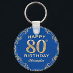 80th Birthday Party Blue and Gold Glitter Frame Key Ring<br><div class="desc">80th Birthday Party Blue and Gold Glitter Frame Keychain. For further customisation,  please click the "Customise it" button and use our design tool to modify this template.</div>