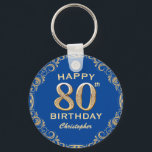 80th Birthday Party Blue and Gold Glitter Frame Key Ring<br><div class="desc">80th Birthday Party Blue and Gold Glitter Frame Keychain. For further customisation,  please click the "Customise it" button and use our design tool to modify this template.</div>
