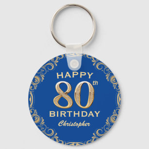 80th Birthday Party Blue and Gold Glitter Frame Key Ring