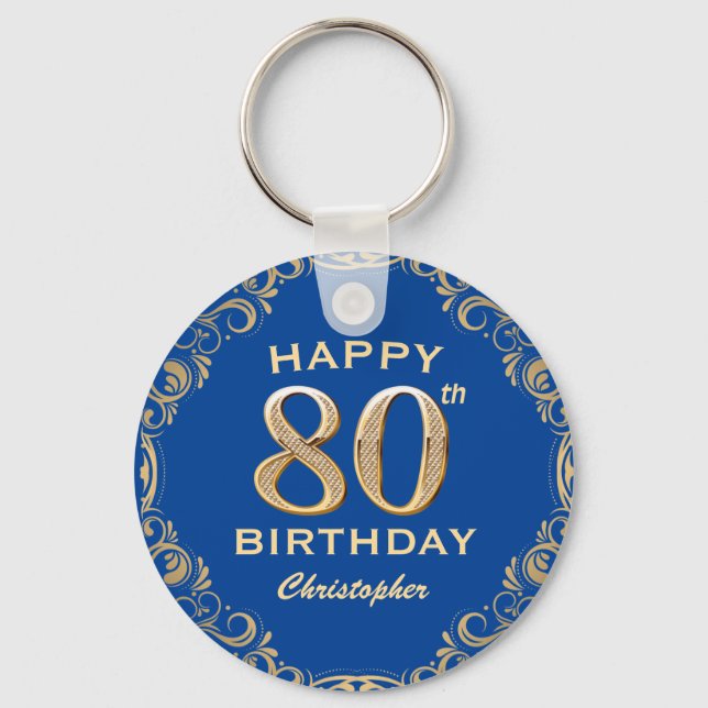 80th Birthday Party Blue and Gold Glitter Frame Key Ring (Front)