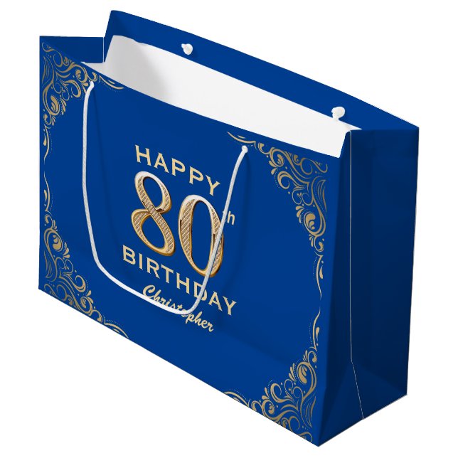 80th Birthday Party Blue and Gold Glitter Frame Large Gift Bag (Front Angled)