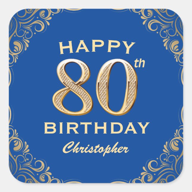 80th Birthday Party Blue and Gold Glitter Frame Square Sticker (Front)