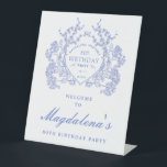 80th Birthday Party Blue Floral Crest Welcome Pedestal Sign<br><div class="desc">An elegant French vintage blue floral crest takes centre stage on this timeless birthday welcome sign. Ornate,  formal and very feminine will make any birthday lady feel very special. Coordinating party supplies are available.</div>