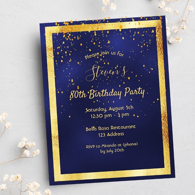 80th birthday party blue gold confetti invitation postcard (Creator Uploaded)