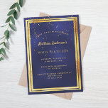 80th birthday party blue gold confetti sprinkle invitation<br><div class="desc">A trendy,  modern 80th birthday party invitation card for men,  guys,  male.   A dark blue,  navy blue background. The blue colour is uneven.  With a faux gold frame and golden confetti sprinkle,  golden coloured letters. Templates for your party information.
Back: blue background with confetti sprinkle.</div>