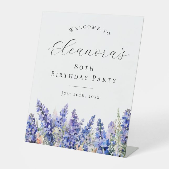 80th Birthday Party Blue July Birth Flower Welcome Pedestal Sign (Front)