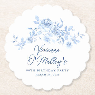80th Birthday Party Blue Rose Floral Custom Paper Coaster