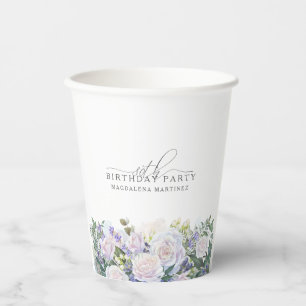 80th Birthday Party Blue White Floral Custom Paper Cups