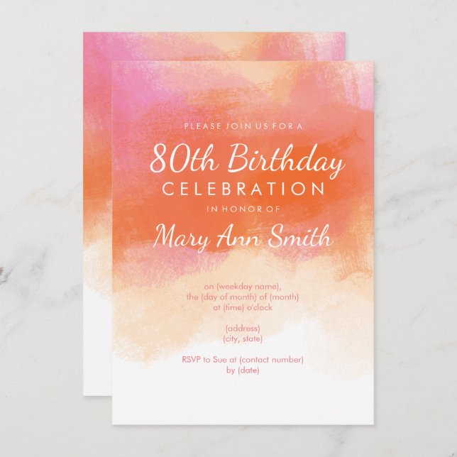 80th Birthday Party Blush Pink Watercolor Invitation (Front/Back)
