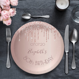 80th birthday party blush rose gold glitter drips paper plate