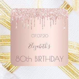 80th birthday party blush rose gold glitter drips square sticker