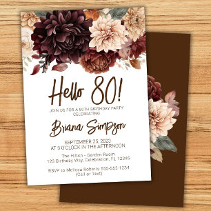 80th Birthday Party Brown Beige Flowers Floral Invitation