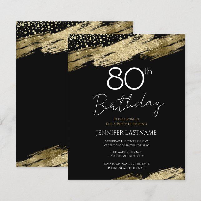 80th Birthday Party Budget Gold Black Invitation (Front/Back)