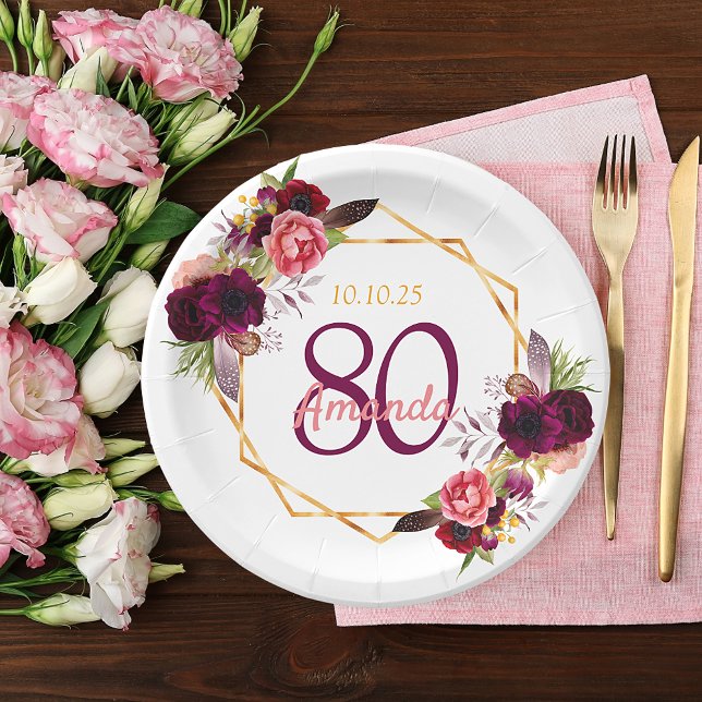 80th birthday party burgundy florals gold white paper plate (Creator Uploaded)