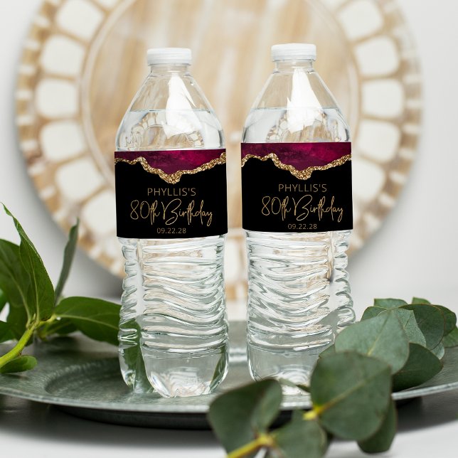 80th Birthday Party Burgundy Gold Agate Water Bottle Label (Creator Uploaded)
