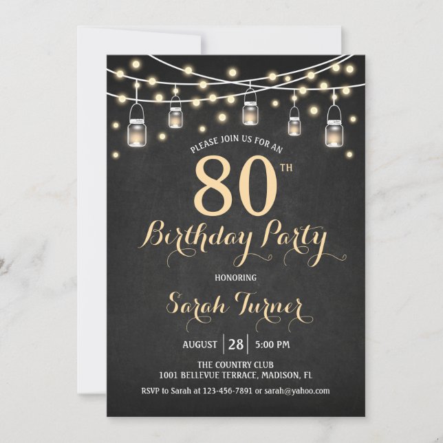 80th Birthday Party - Chalkboard Gold Invitation (Front)
