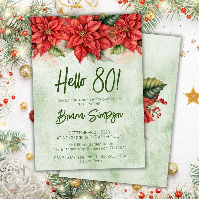 80th Birthday Party Christmas Poinsettia Floral Invitation (Creator Uploaded)