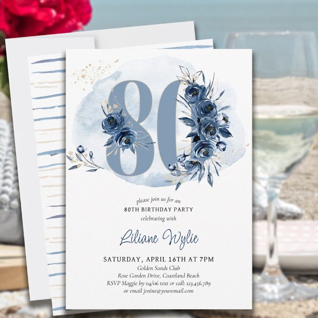 80th Birthday Party Coastal Blue Floral Number 80 Invitation (Creator Uploaded)