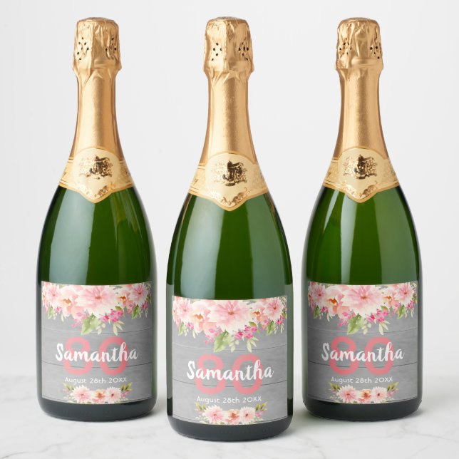 80th birthday party coral dahlia flowers grey sparkling wine label (Bottles)