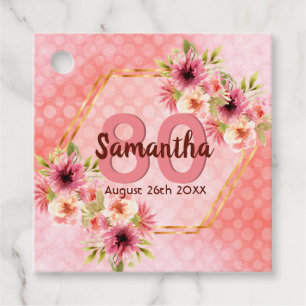 80th birthday party coral gold flowers Thank You Favour Tags