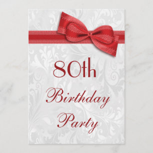 80th Birthday Party Damask and Faux Bow Invitation