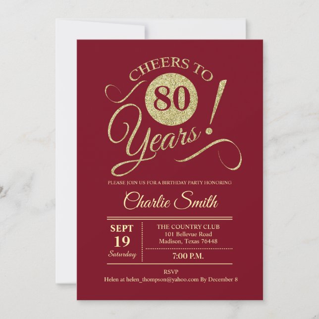 80th Birthday Party - Dark Red Gold Invitation (Front)