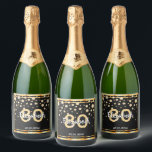 80th birthday party diamonds glitter black gold sparkling wine label<br><div class="desc">An elegant, glamourous and girly 80th birthday wine or sparkling wine bottle label. Black coloured faux glitter with faux golden diamond sprinkle and a golden frame. Templates for a name, age 80 and a date. Date of birth or the date of the party/anniversary. White and golden coloured letters. The name...</div>