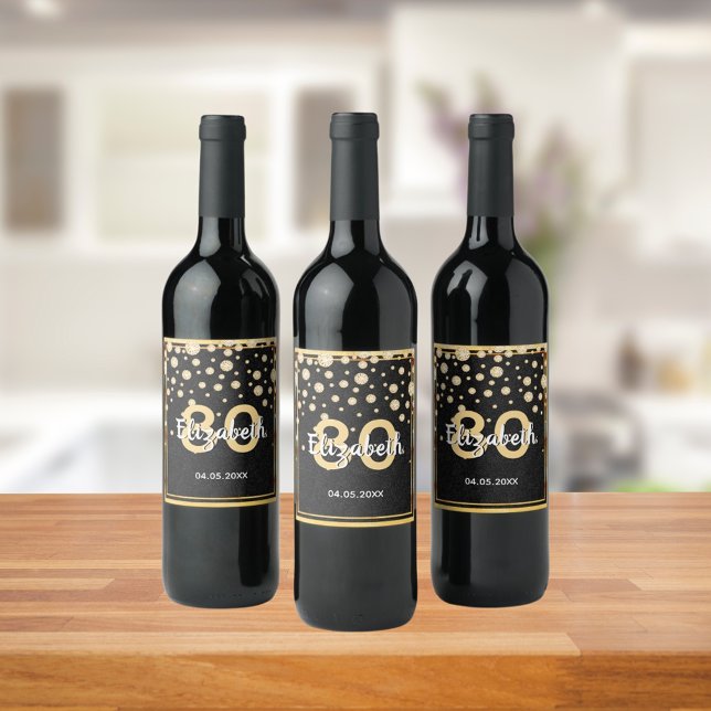 80th birthday party diamonds glitter black gold wine label (Creator Uploaded)